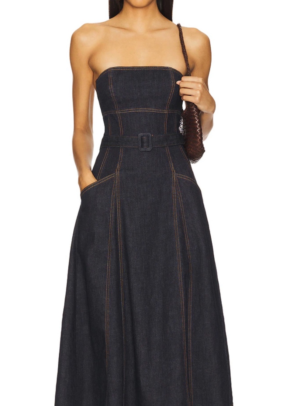 Self-Portrait Strapless Belted Paneled Denim Midi Dress -